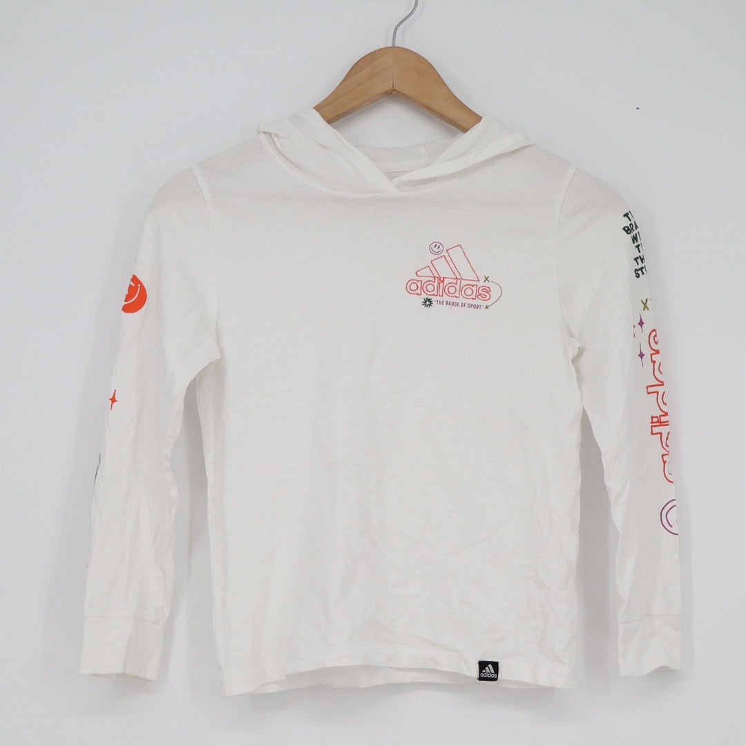 Adidas White Graphic Hooded Long Sleeve T-Shirt Doodle Logo Small