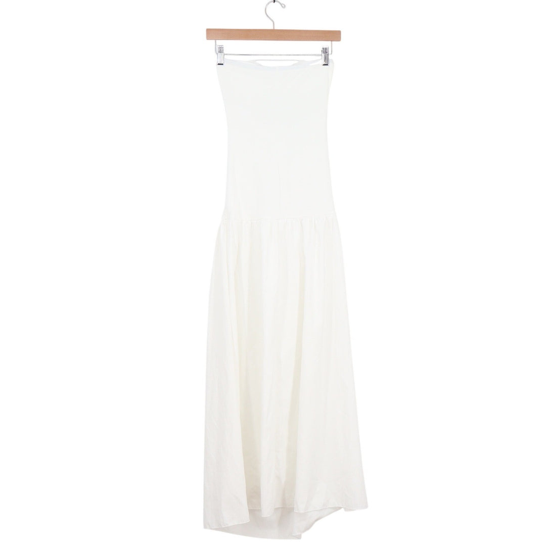 White Strapless Cutout Ruched Drop Waist Maxi Dress XS Tube Gown Summer Boho