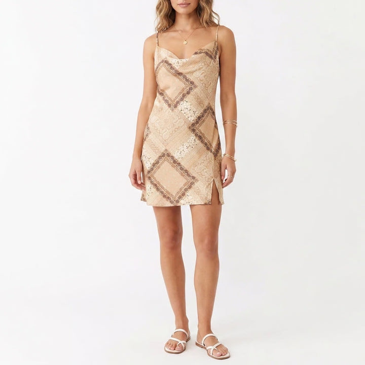 J for Justify Womens XL Tan Brown Bandana Patchwork Cowl Neck Slip Mini Dress