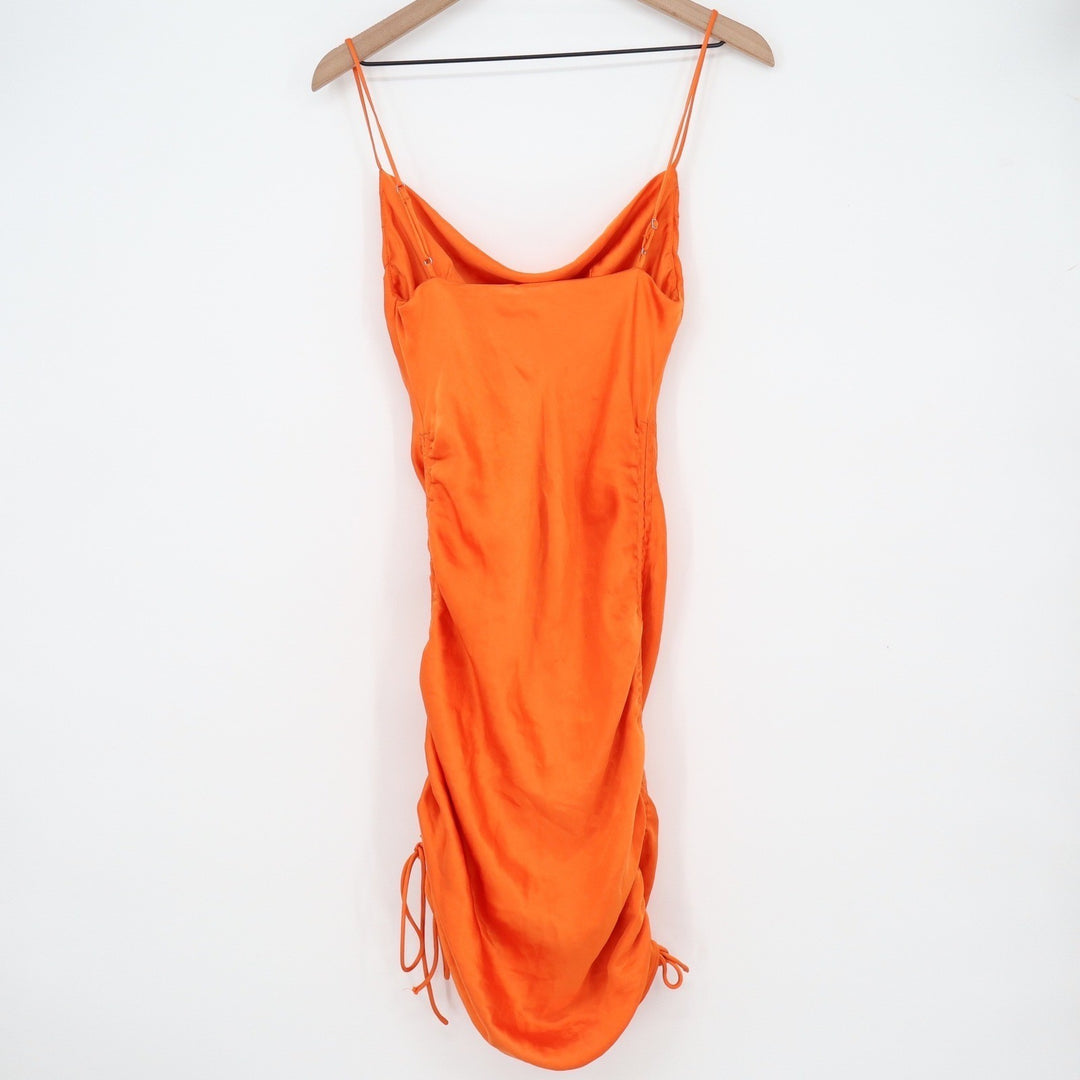 Zara Orange Cowl Neck Ruched Satin Mini Dress Small Sleeveless Side Drawstring