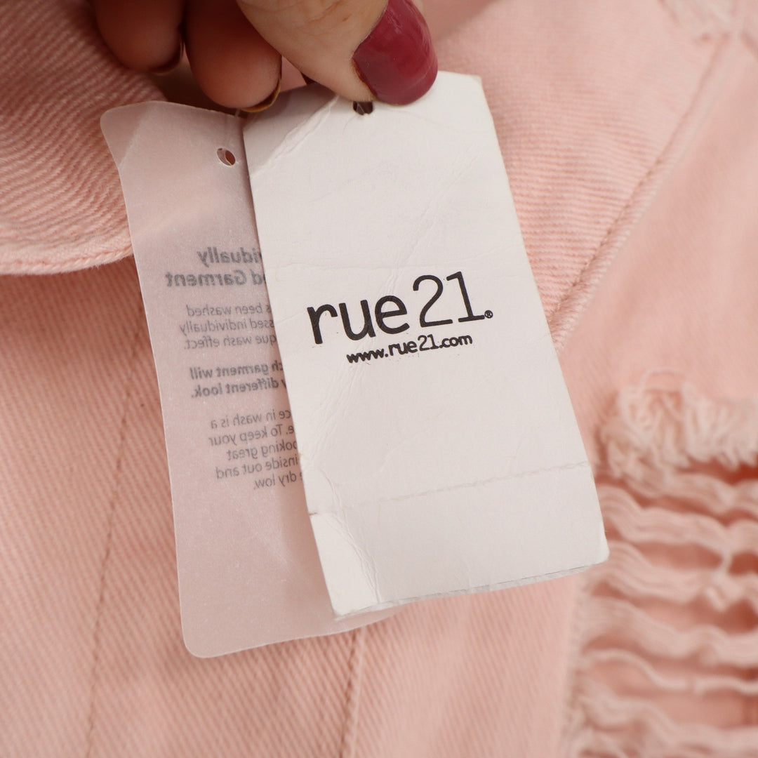 Rue21 Denim Jacket Womens L Pink Distressed Shredded Cotton NEW