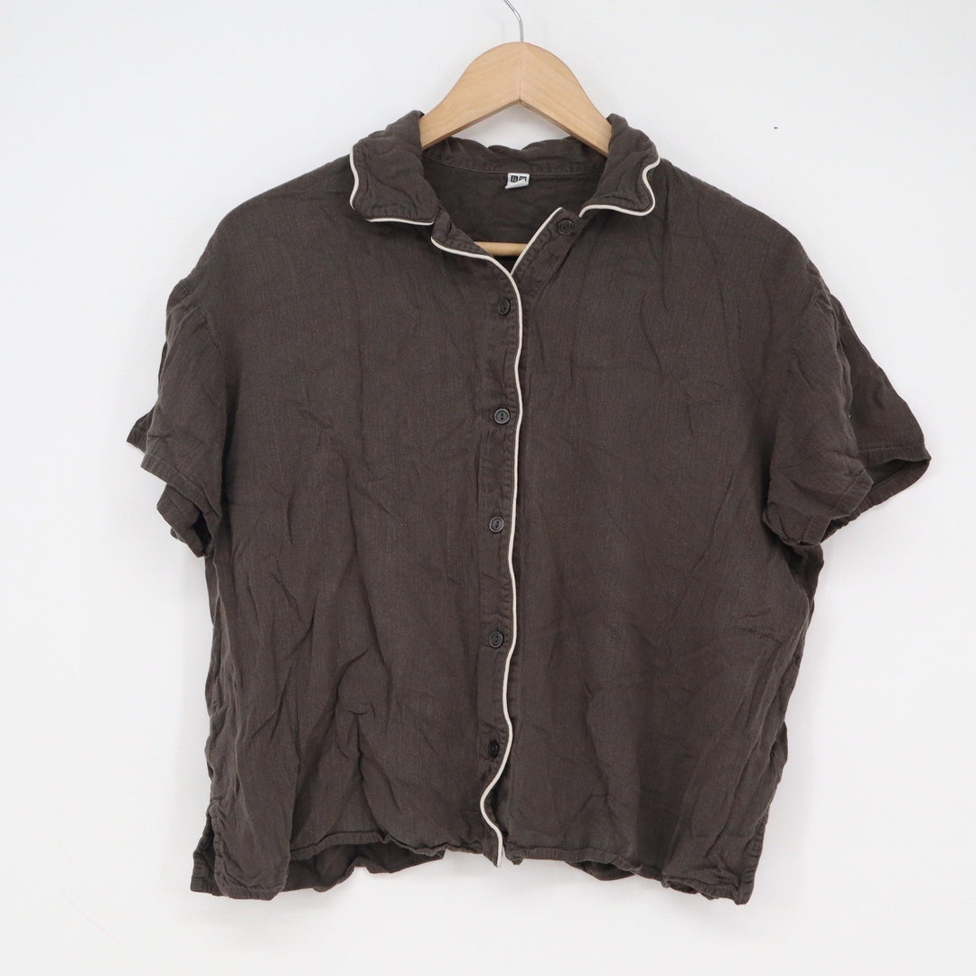 Uniqlo Womens Pajama Top Short Sleeve Button Down Rayon Grey Brown M