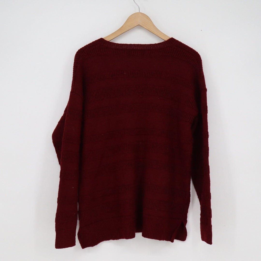 Sienna Sage Burgundy Textured Stripe V-Neck Sweater Womens Large Maroon Pullover
