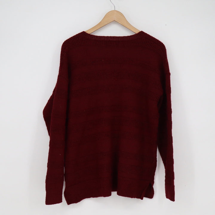 Sienna Sage Burgundy Textured Stripe V-Neck Sweater Womens Large Maroon Pullover