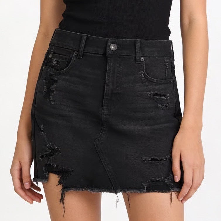 American Eagle Outfitters Mini Skirt Womens 10 R Black Cotton Stretch Distressed