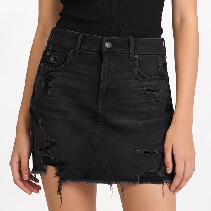 American Eagle Outfitters Mini Skirt Womens 10 R Black Cotton Stretch Distressed