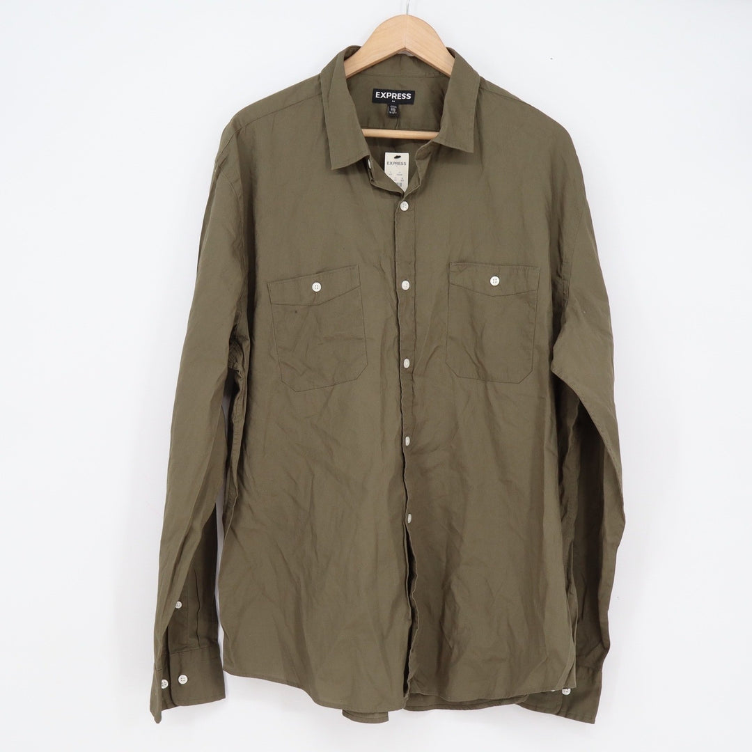 Express Mens Olive Green Cotton Utility Button Down Shirt XXL  NEW