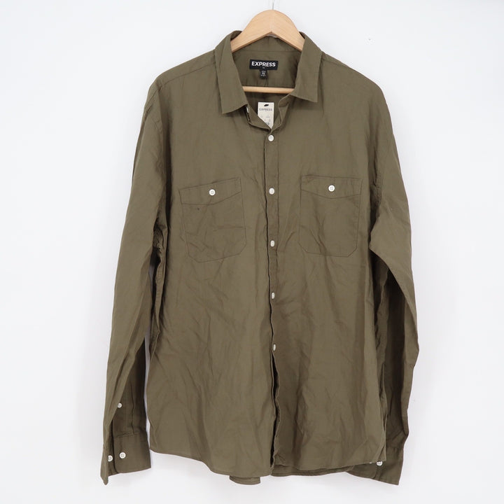 Express Mens Olive Green Cotton Utility Button Down Shirt XXL  NEW