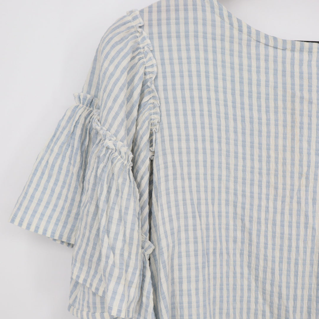 Chelsea & Theodore Crop Top Womens XS Blue White Striped Stretch Ruffled Sleeve