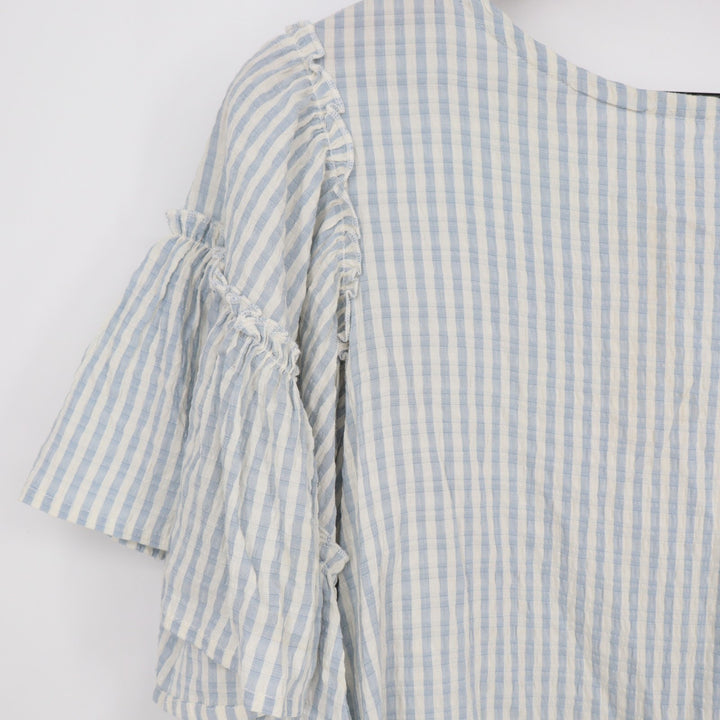 Chelsea & Theodore Crop Top Womens XS Blue White Striped Stretch Ruffled Sleeve