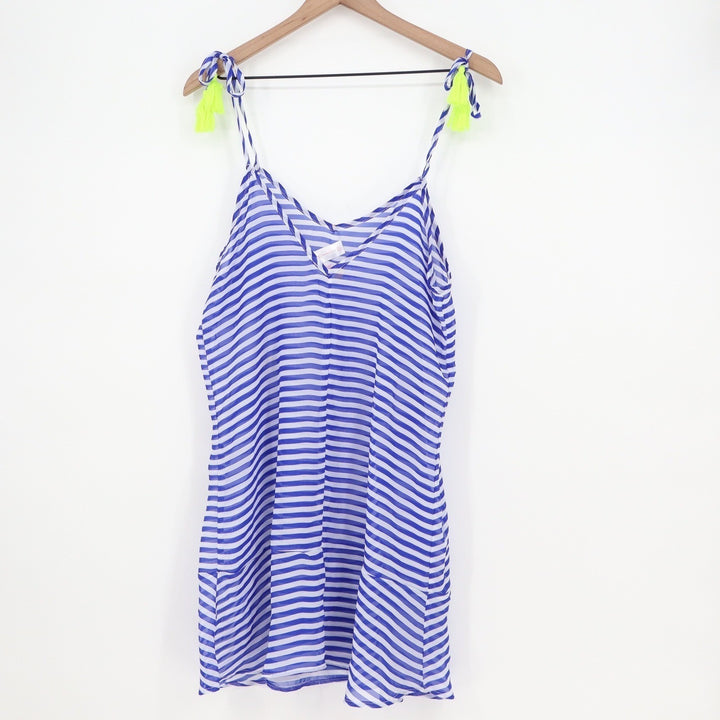 No Boundaries Blue White Striped Swim Cover Up Dress Neon Tassels Large