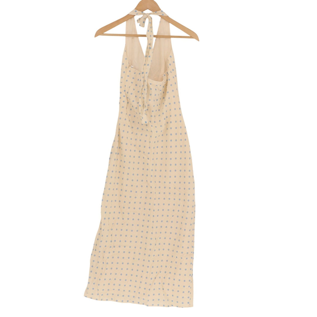 Lulus Meara Maxi Dress Womens XS Cream Blue Polka Dot Halter Neck Open Back