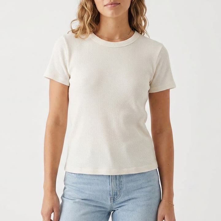 Everlane Womens Cream Cotton Waffle Knit Short Sleeve Crewneck Tee Shirt Small