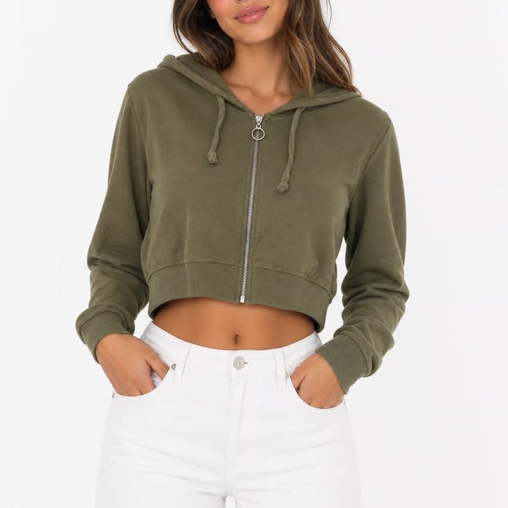 Ambiance Womens Olive Green Cropped Full Zip Hoodie Jacket Size M