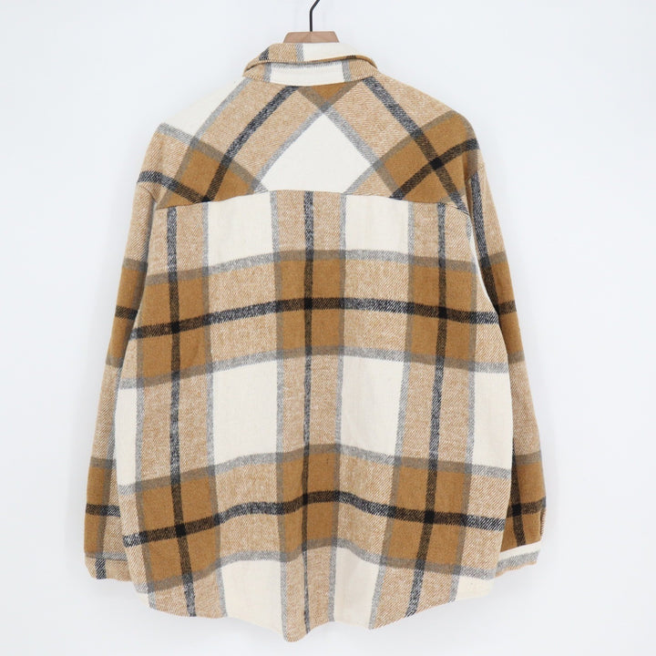 Unbranded Tan Plaid Button Down Shacket Oversized Flannel Shirt Jacket XL