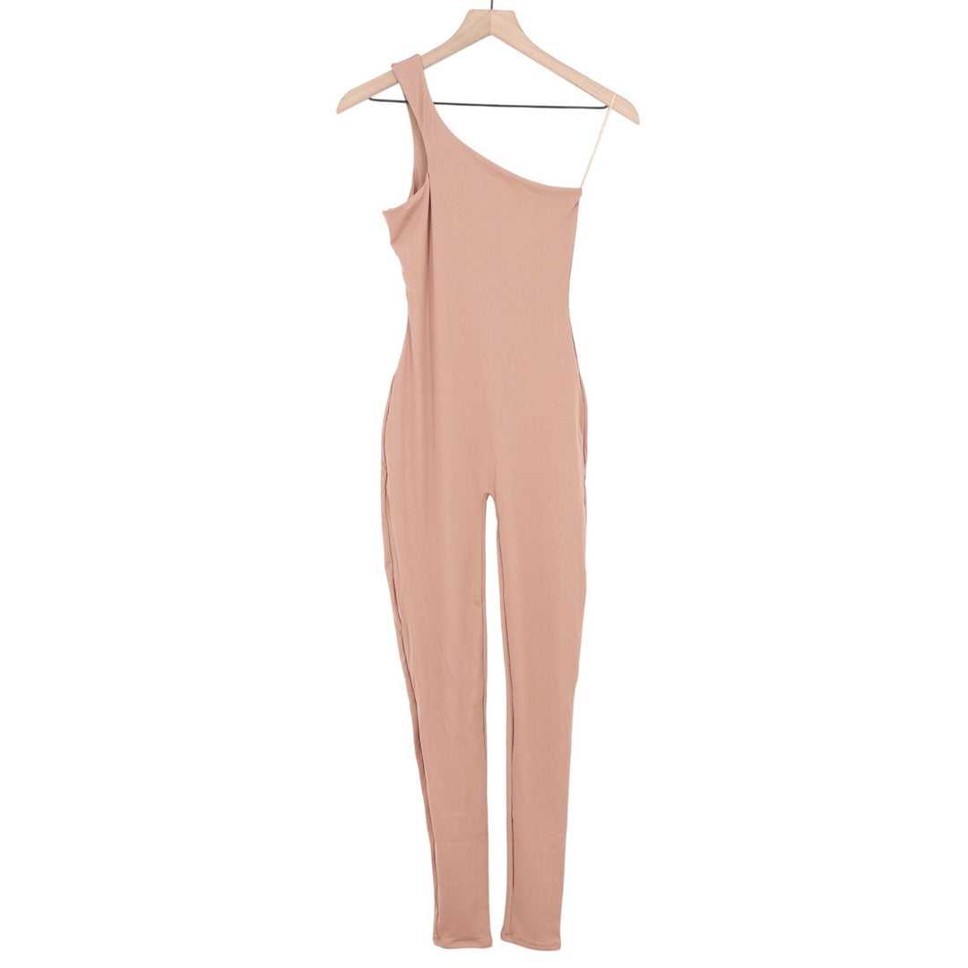 Naked Wardrobe One Shoulder Ribbed Jumpsuit Coco Brown Womens Medium
