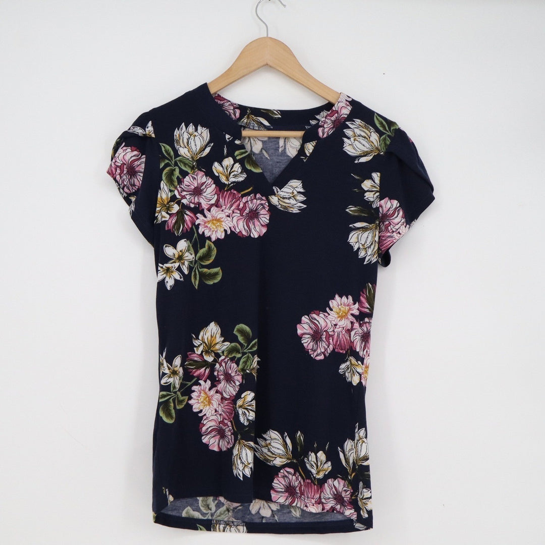 Navy Blue Floral Split V-Neck Petal Sleeve Jersey Blouse Top Small