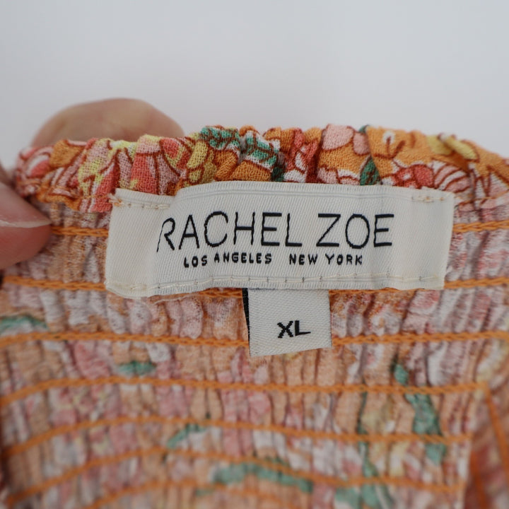 Rachel Zoe Maxi Skirt Womens XL Orange Floral Pleated Smocked Waist Button Front