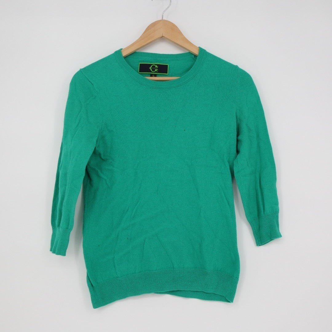 C. Wonder Sweater Womens Small Green Knit Cotton Angora 3/4 Sleeve Crew Neck