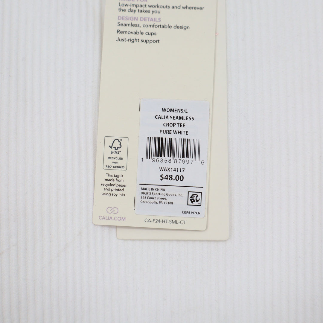 Calia Womens Seamless Crop Tee Pure White Ribbed Short Sleeve Top L