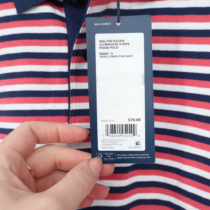 Walter Hagen Clubhouse Mens Small Stripe Pique Polo Pink Navy Blue NWT