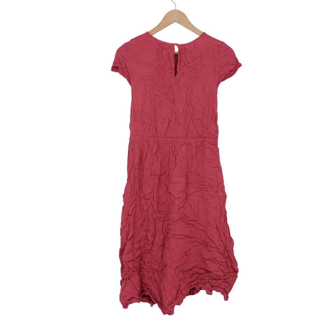 Pink Crinkle Rayon Short Sleeve Midi Dress Elastic Waist Berry Small