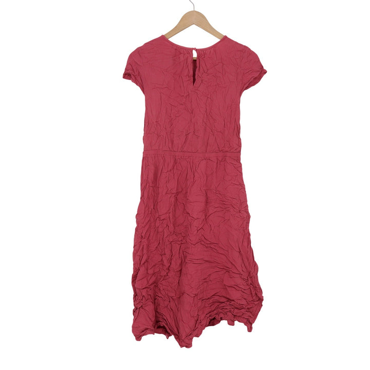 Pink Crinkle Rayon Short Sleeve Midi Dress Elastic Waist Berry Small