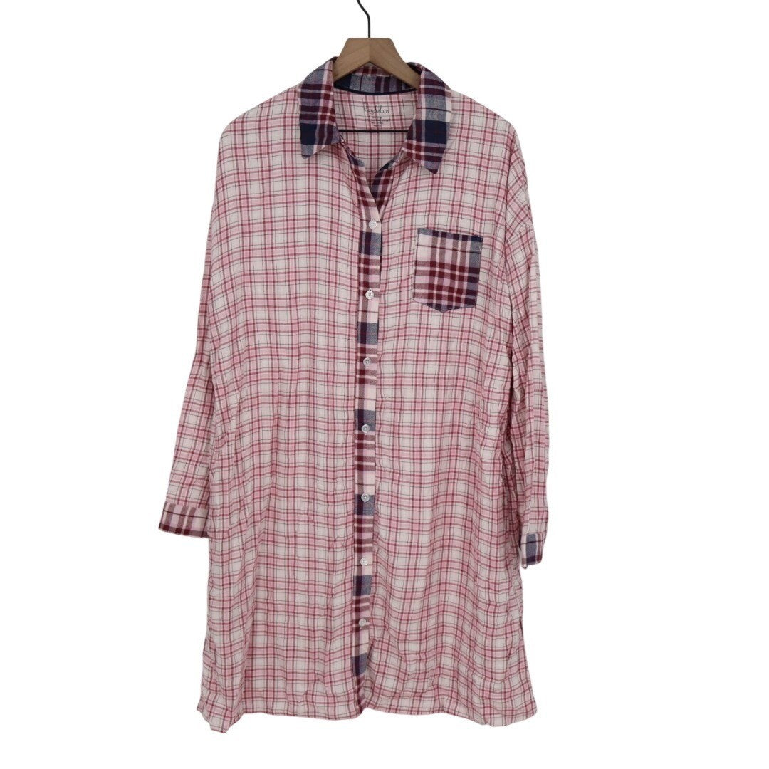 Roudelain Flannel Sleep Shirts Womens L Pink Pleated Spread Collar Long Sleeve