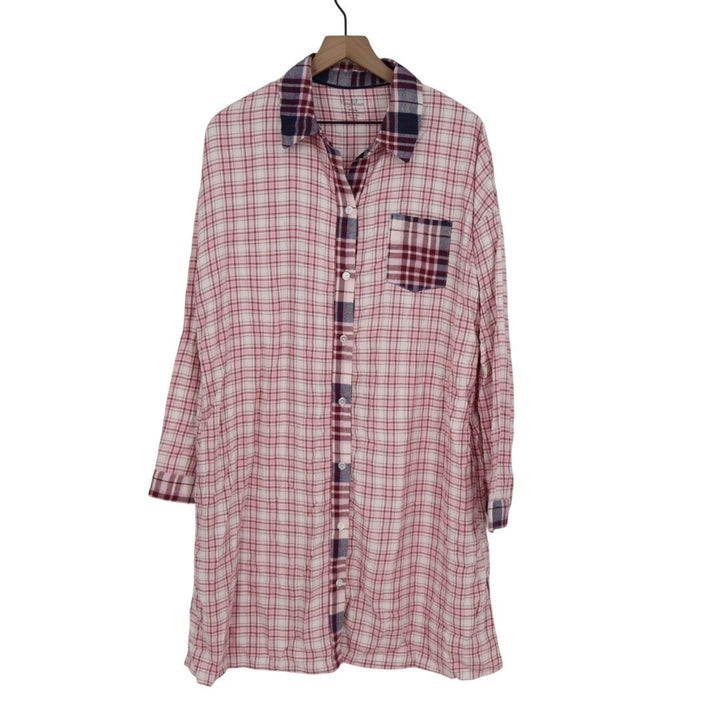 Roudelain Flannel Sleep Shirts Womens L Pink Pleated Spread Collar Long Sleeve