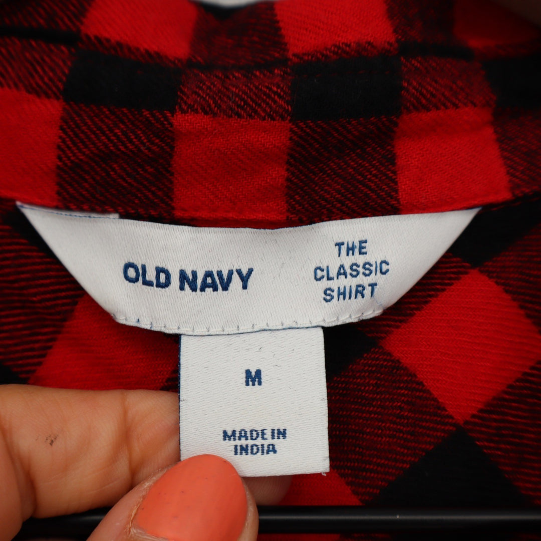 Old Navy The Classic Shirt Womens Medium Red Black Buffalo Plaid Rayon Button Up