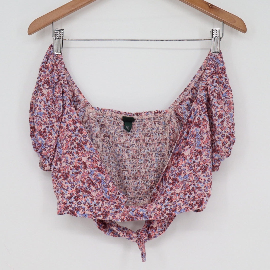 Wild Fable Womens Floral Smocked Puff Sleeve Tie Front Crop Top Pink Purple M