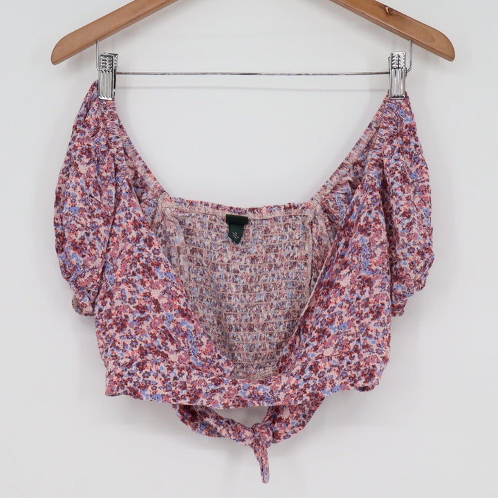 Wild Fable Womens Floral Smocked Puff Sleeve Tie Front Crop Top Pink Purple M