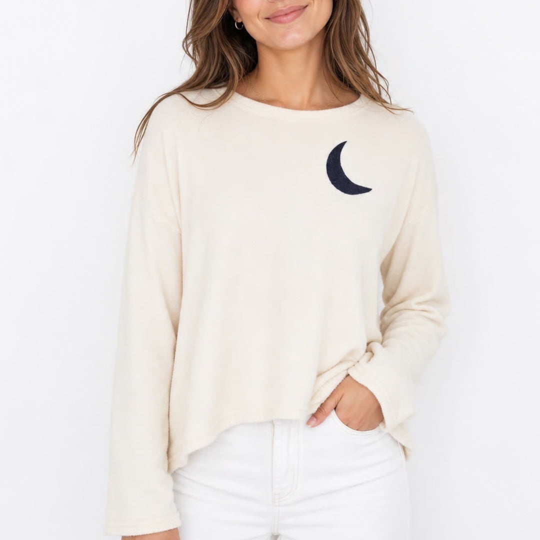 Lintimo Cream Fleece Long Sleeve Moon Graphic Pullover Top Size Large