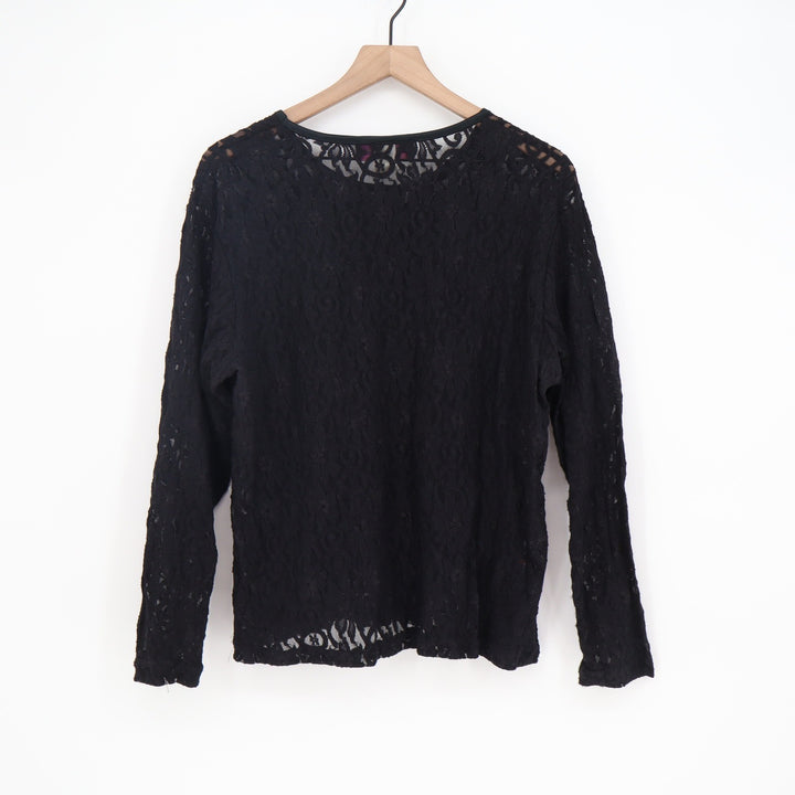 Diana Marco Top Womens 2XL Floral Lace Sheer Long Sleeve Black Vintage Excellent