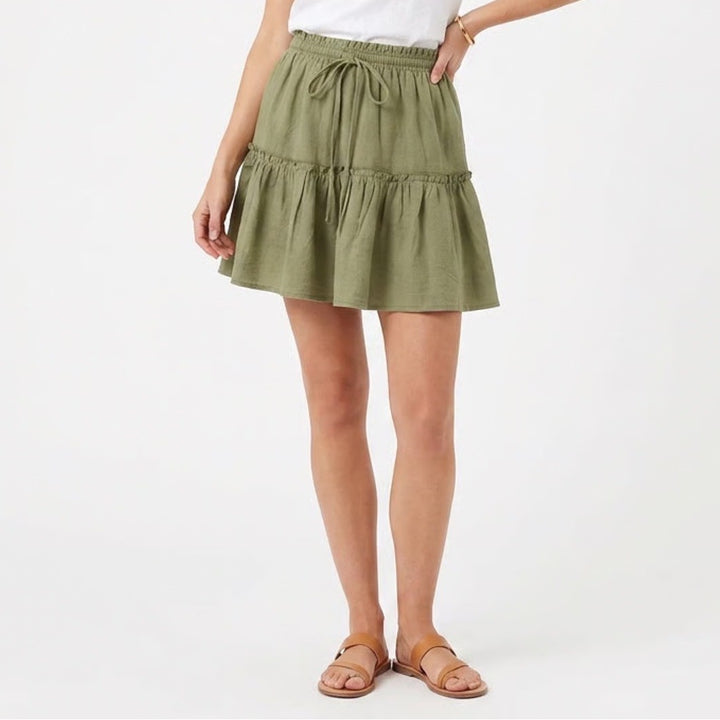 Mini Skirts Womens M Olive Green Pleated Dusk Tiered Tie Detail Elastic Waist