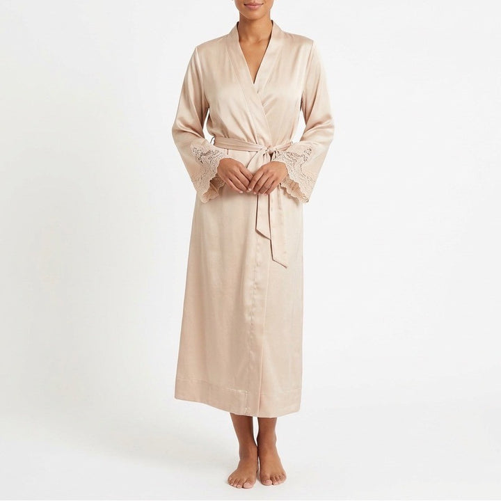 Flora Nikrooz Stella Robe Womens Small Beige Shimmer Venice Trim Belted Waist
