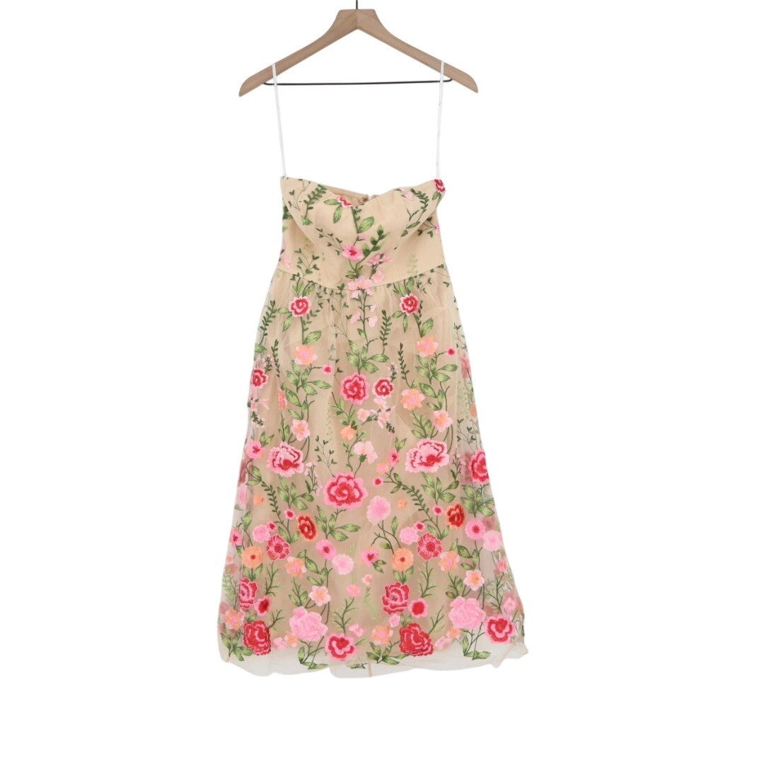 Lulus Endless Praise Midi Dress Womens Small Beige Floral Embroidered Strapless