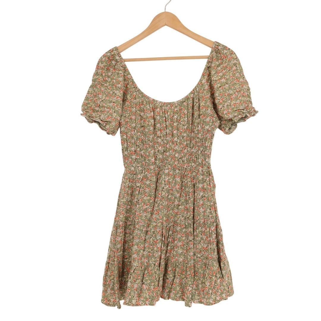 Liberty Love Mini Dress Womens Medium Green Floral Smocked Bodice Puff Sleeve