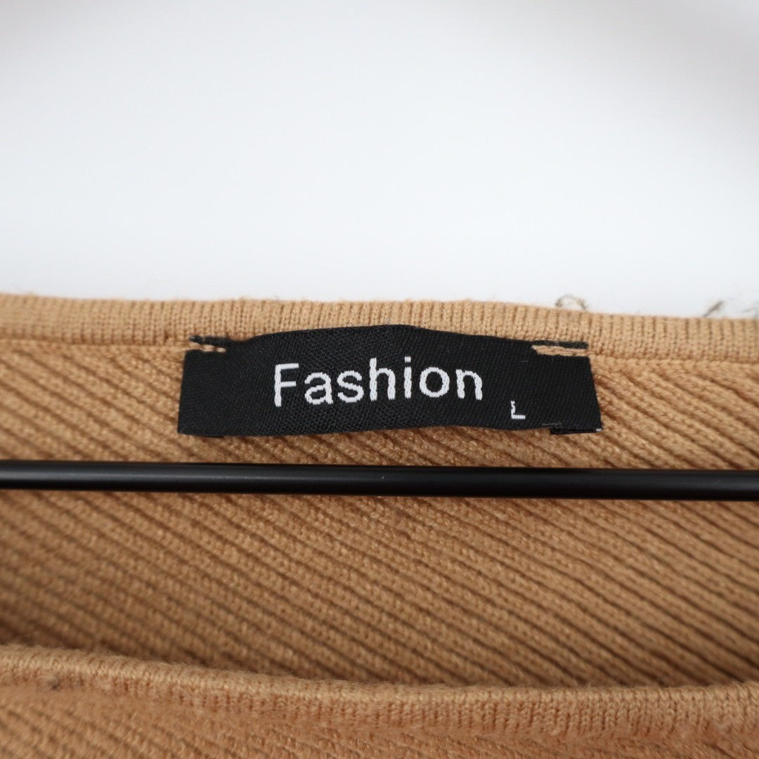 Fashion Sweater Womens Large Camel Brown Knit Boat Neck Ribbed Dolman Sleeve