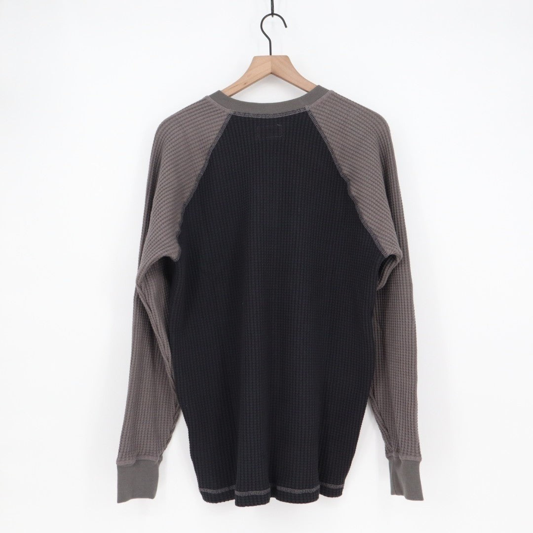 American Giant Shirt Mens Large Black Gray Colorblock Waffle Knit Henley Neck