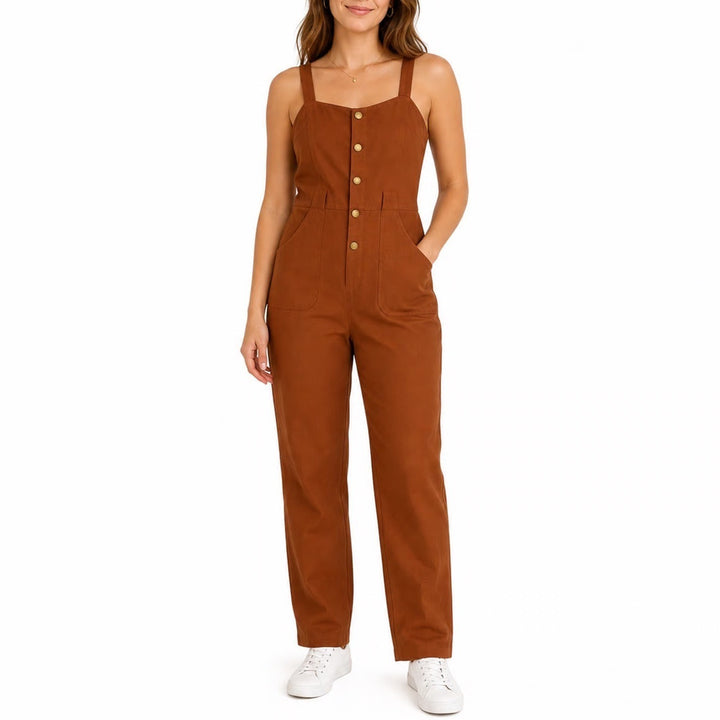 SHEIN Rust Brown Button Front Straight Leg Jumpsuit Size Small 4 Pockets Utility