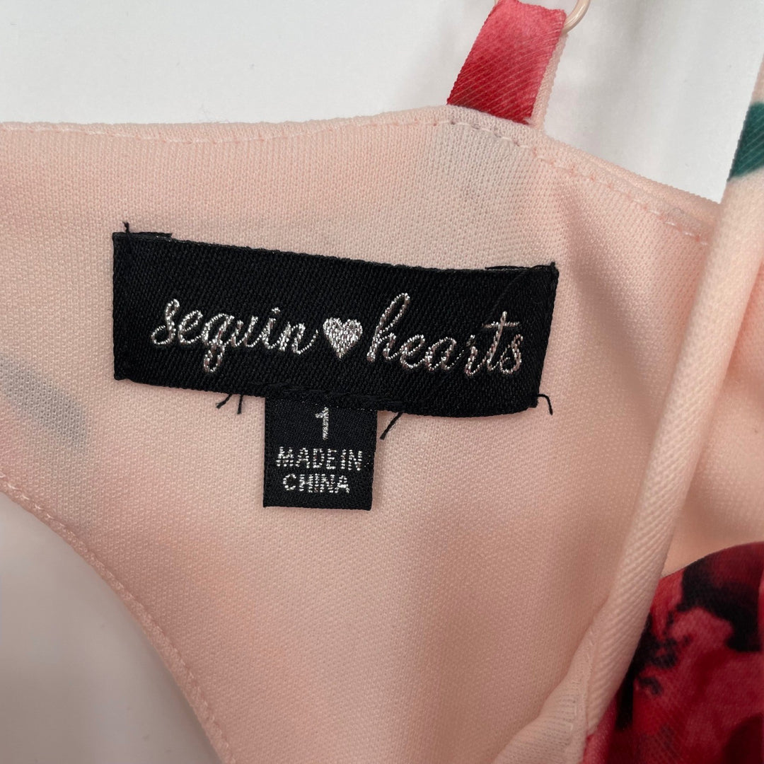 Sequin Hearts Floral Print Pink Square Neck Cutout Back Mini Dress Size 1