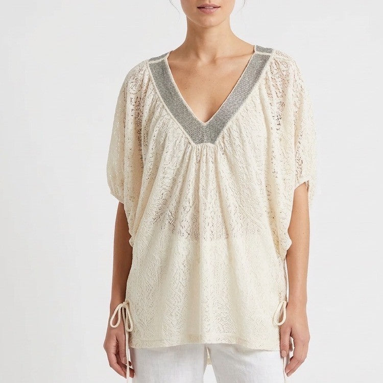 Anthropologie Knitted & Knotted Cille Lace Top Womens M Beige Embellished Detail