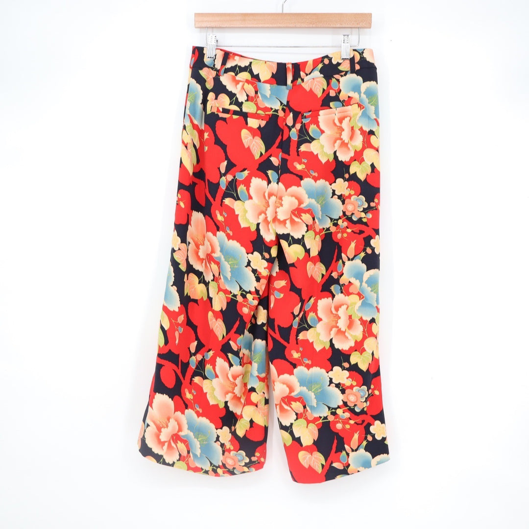 Ann Taylor LOFT Red Floral Wide Leg Cropped Pants Size 0 High Rise Flowy