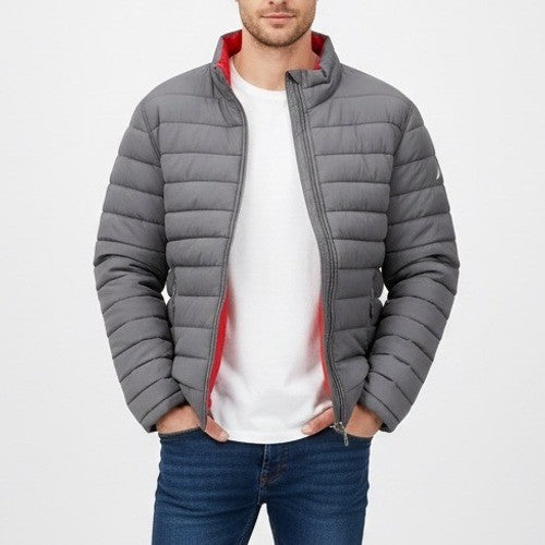 Nautica Puffer Jacket Gray Red Lined Full Zip Lightweight Mens Size L