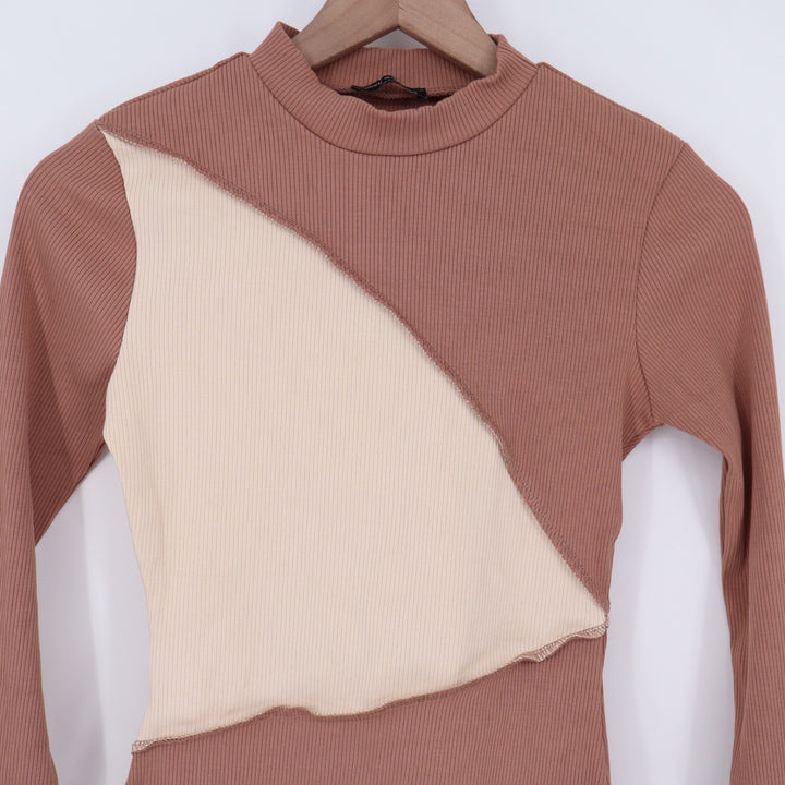 Naked Wardrobe Ribbed Colorblock Mock Neck Bodysuit Mauve Cream L