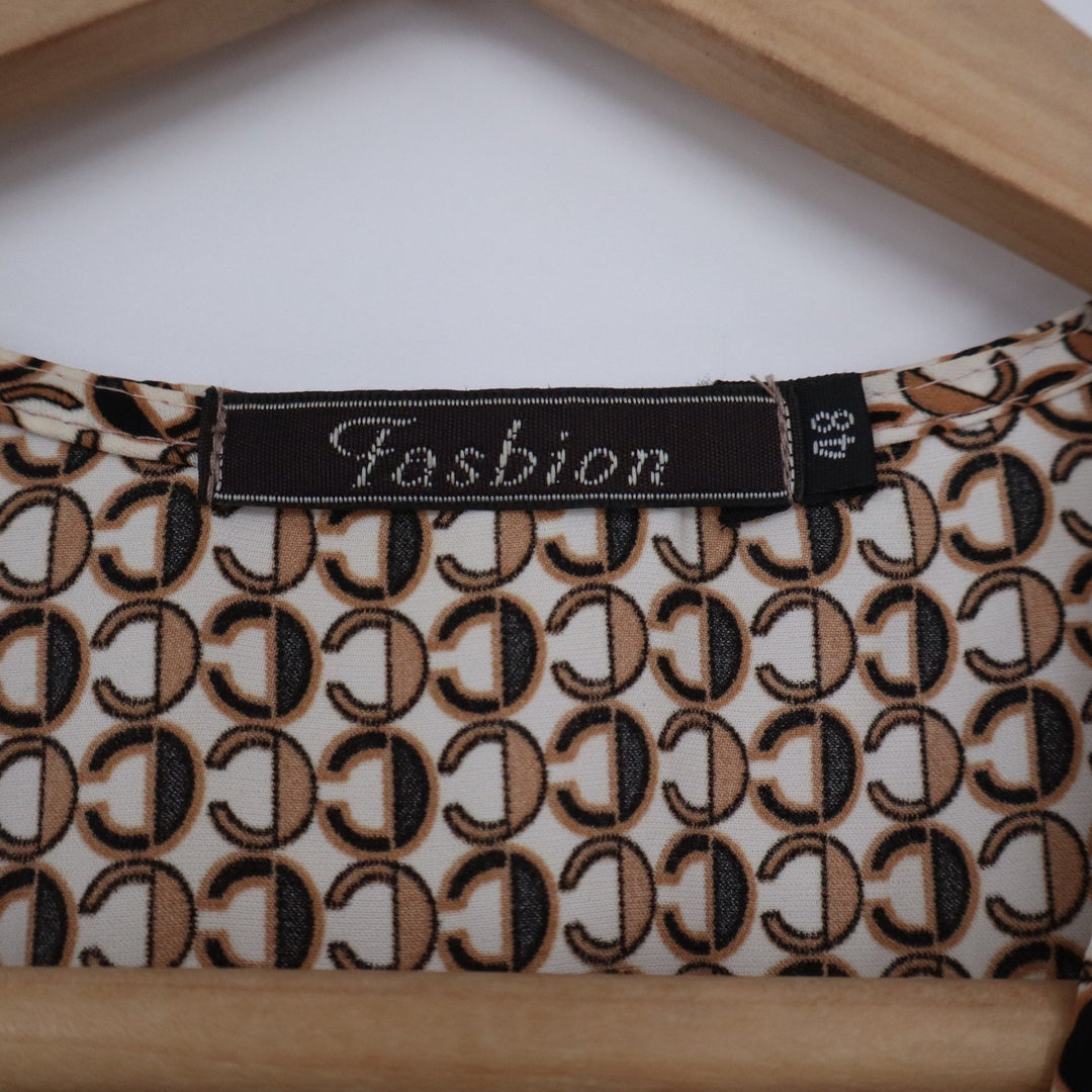 Fashion Brown Geometric Logo Print Wrap V-Neck Midi Dress Ruffle Cuff Size 48
