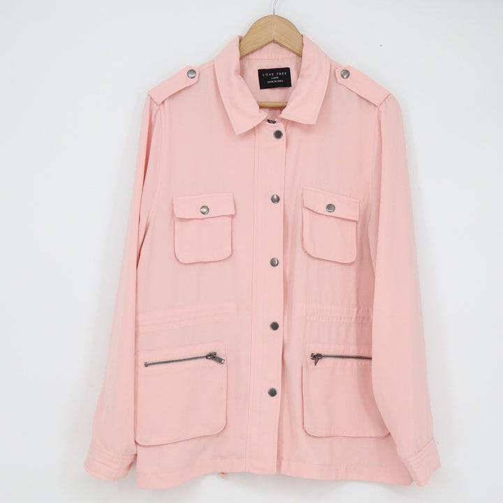 Love Tree Womens Pink Utility Jacket Snap Front Drawstring Waist Large