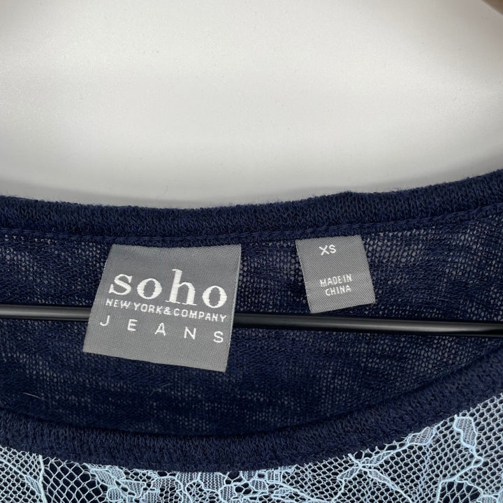 Soho Jeans Navy Blue Lace Trim 3/4 Sleeve Top XS