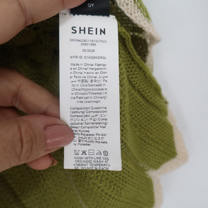 SHEIN Womens 1XL Olive Green Pointelle Knit Short Sleeve Cardigan Scallop Trim